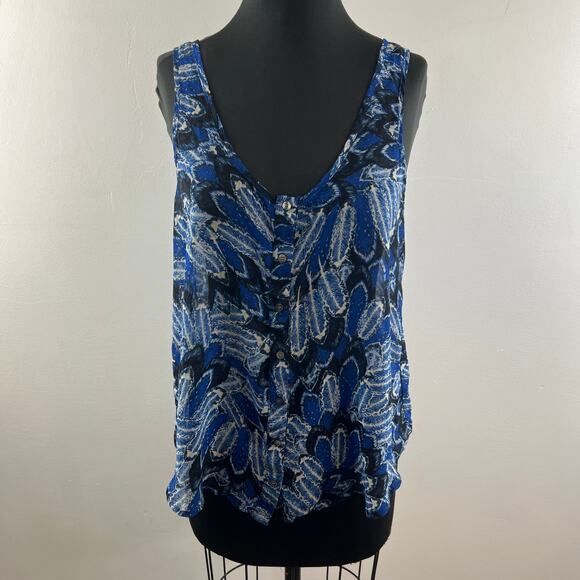 PJK Patterson J Kincaid Blue Black Print Sleeveless Top Deep Neckline L Large - Picture 3 of 6